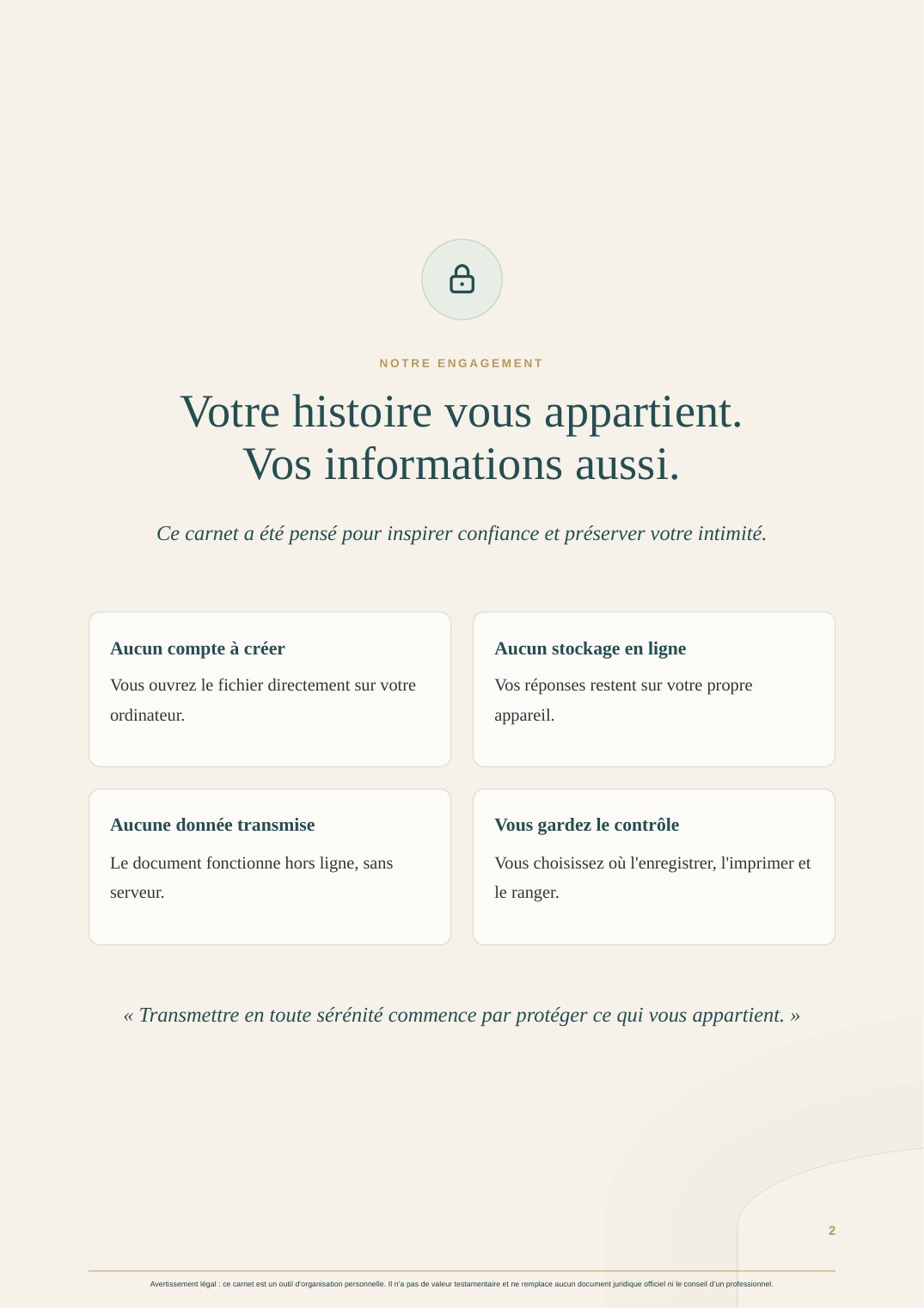 Page consacrée à la confidentialité du carnet Dernier Cadeau