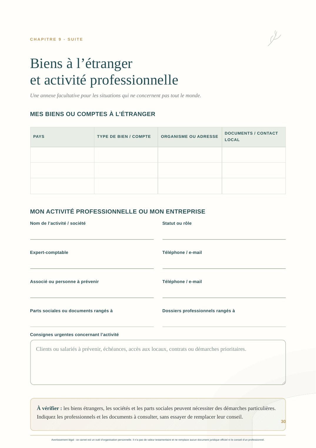Page pratique sur les biens et l’activité professionnelle